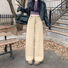 批发实拍实价~复古卡其色弯刀<b class='q'>牛仔裤</b>女冬季新款设计感高腰宽松阔腿裤