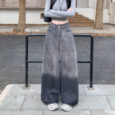 实拍实价~复古泼墨涂鸦牛仔裤女新款高腰宽松阔腿裤拖地休闲裤子