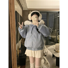 批发实价可拆卸毛领蝴蝶结蓝色大毛领连帽外套<b class='q'>女</b>小个子长毛呢<b class='q'>夹克</b>上衣