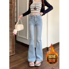 批发实拍~加绒加厚浅蓝色微喇修身弹力<b class='q'>牛仔裤</b>女高腰显瘦马蹄喇叭裤