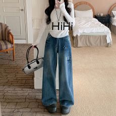 批发实拍实价~美式复古铆钉水洗闪电直筒<b class='q'>牛仔裤</b>女做旧设计感阔腿长裤