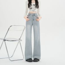 批发实拍实价~辣妹浅蓝色<b class='q'>牛仔裤</b>女春季高腰水洗微喇裤百搭阔腿长裤子