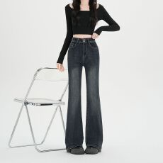 批发实拍实价~美式复古双扣微喇叭<b class='q'>牛仔裤</b>女春季新款高腰显瘦马蹄裤子