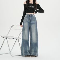 批发实拍实价~复古蓝阔腿牛仔裤女2026新款<b class='q'>春</b>季宽松美式猫须直筒裤女