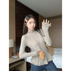 批发实拍280克阳离子德绒春秋长袖t恤<b class='q'>打底衫</b>女装木耳花边高领上衣