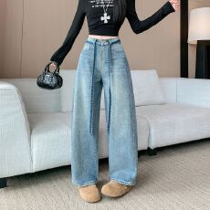 批发实拍实价~黑色烫钻阔腿牛仔<b class='q'>裤</b>女高腰休闲春季新款<b class='q'>宽松</b>直筒拖地<b class='q'>裤</b>