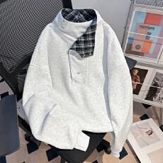 批发实拍实价 薄款<b class='q'>卫衣</b>男<b class='q'>女</b>装春秋潮新款宽松纽扣格子高领韩版上衣