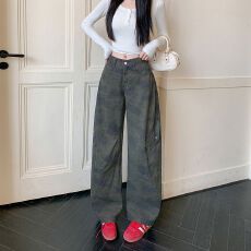 批发实拍实价~美式复古迷彩工装牛仔裤<b class='q'>女</b>春季新款阔腿裤弯刀<b class='q'>牛仔裤</b>子
