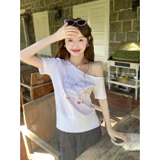 批发实拍纯棉螺纹短袖t恤夏2026新款潮印花短款修身露肩斜领上衣<b class='q'>女装</b>