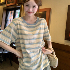 批发实拍短袖t恤女夏2025新款潮流复古条纹中长宽松圆领<b class='q'>上衣</b>韩版女装