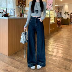 批发实拍实价~深蓝色复古牛仔裤女春季新款设计感<b class='q'>高腰</b>宽松<b class='q'>阔腿裤</b>子潮