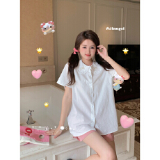 木耳边娃娃领甜美短袖衬衫女2026夏学生可爱蝴蝶结日系小清新衬衣