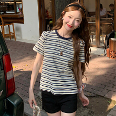 批发实拍1*1螺纹230克短袖t恤夏2026新款条纹潮修身短款圆领上衣<b class='q'>女装</b>