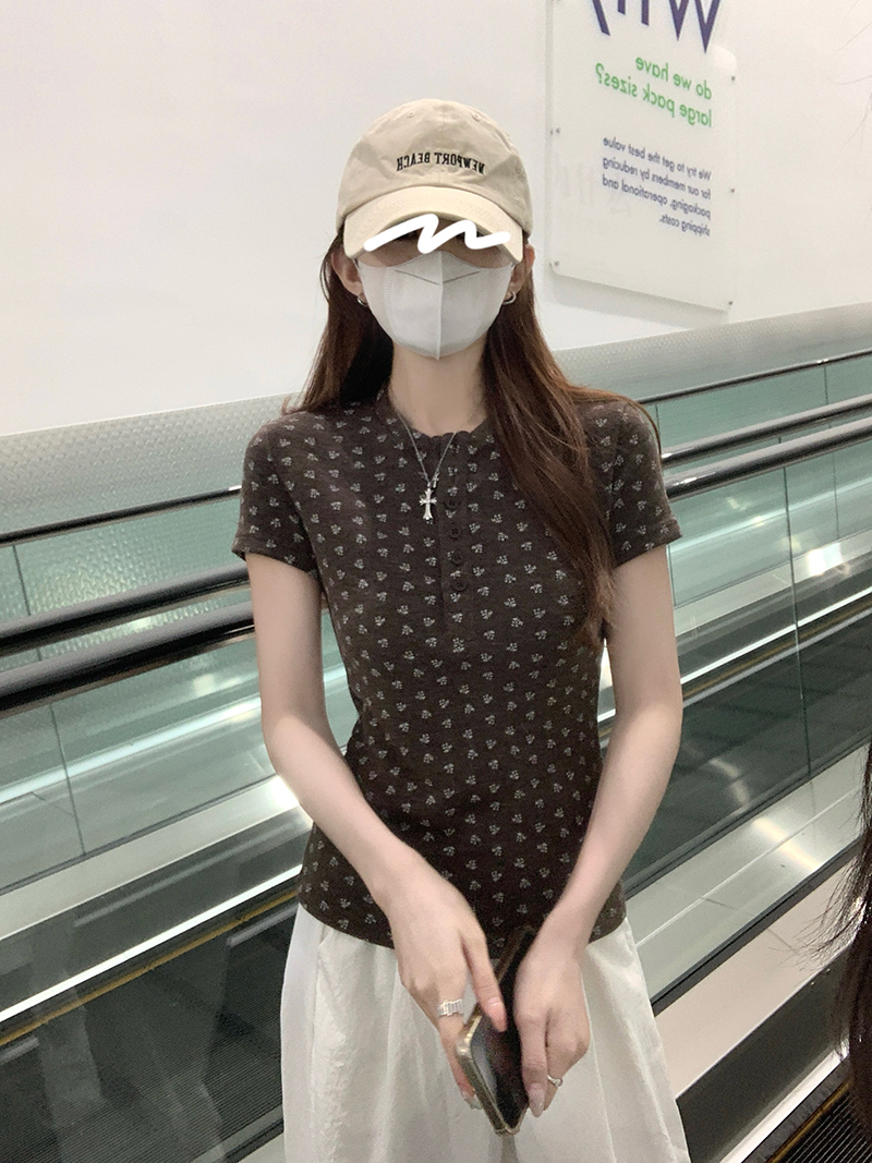 실사 특별 가격 270 그램 원본 원단 반팔 티셔츠 여성 의류 여름 새로운 한 부서 꽃무늬 헨리 셔츠 칼라 맨위