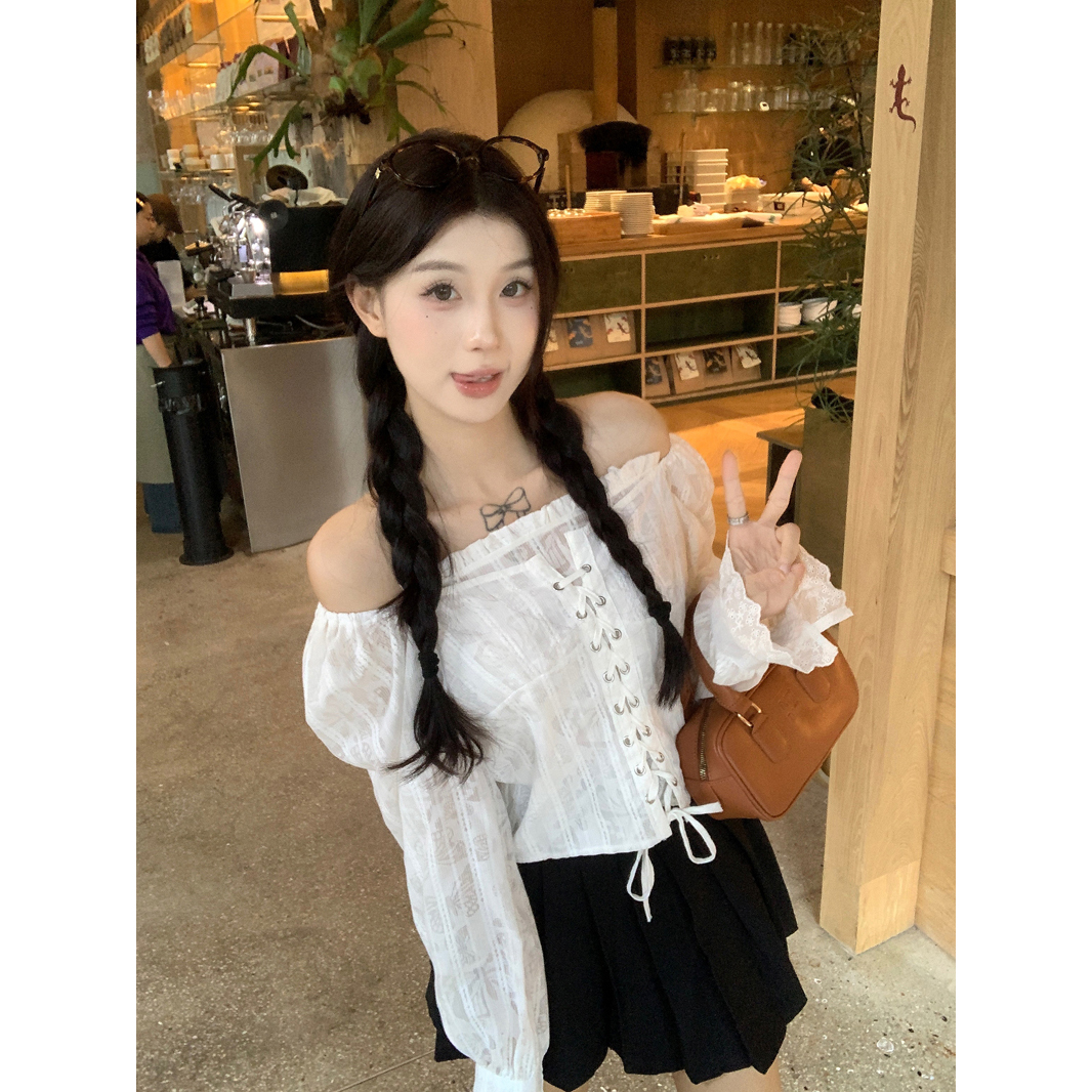 실사 정가 나비 어둠 곡물 자수 레이스 흰 셔츠 여성 의류 2025 봄 새로운 디자인 센스 ~까지 맨위