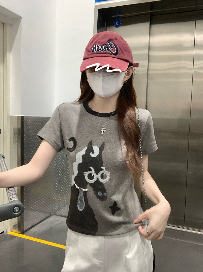 실사 특별 가격 양모 260 그램 아니요 잡아라. 털 반팔 티셔츠 여성 의류 여름 새로운 자수 수공 비즈 라운드 넥 맨위