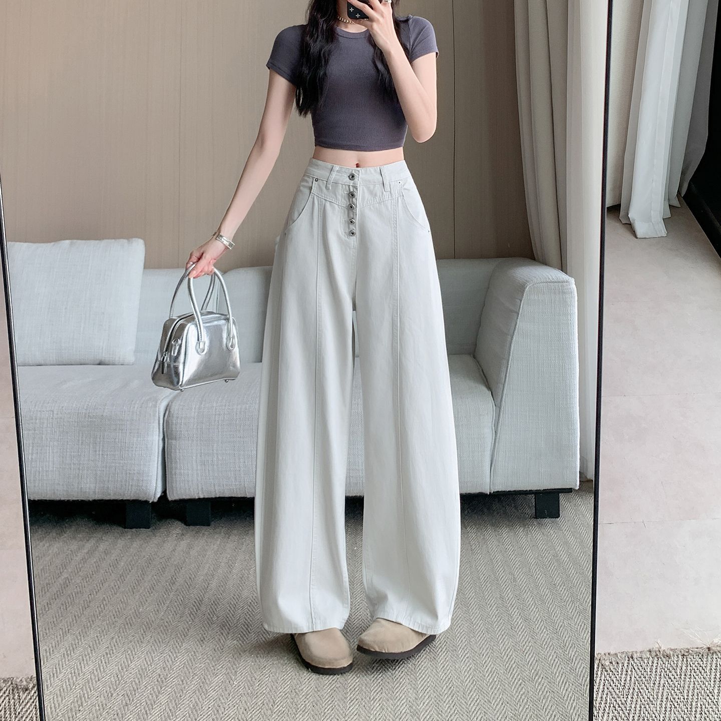 실사 정가 칙칙한 흰색 아메리칸 레트로 모통이 칼 청바지 여성 여름 새로운 하이웨이스트 루즈핏 와이드 레그 팬츠 어린이