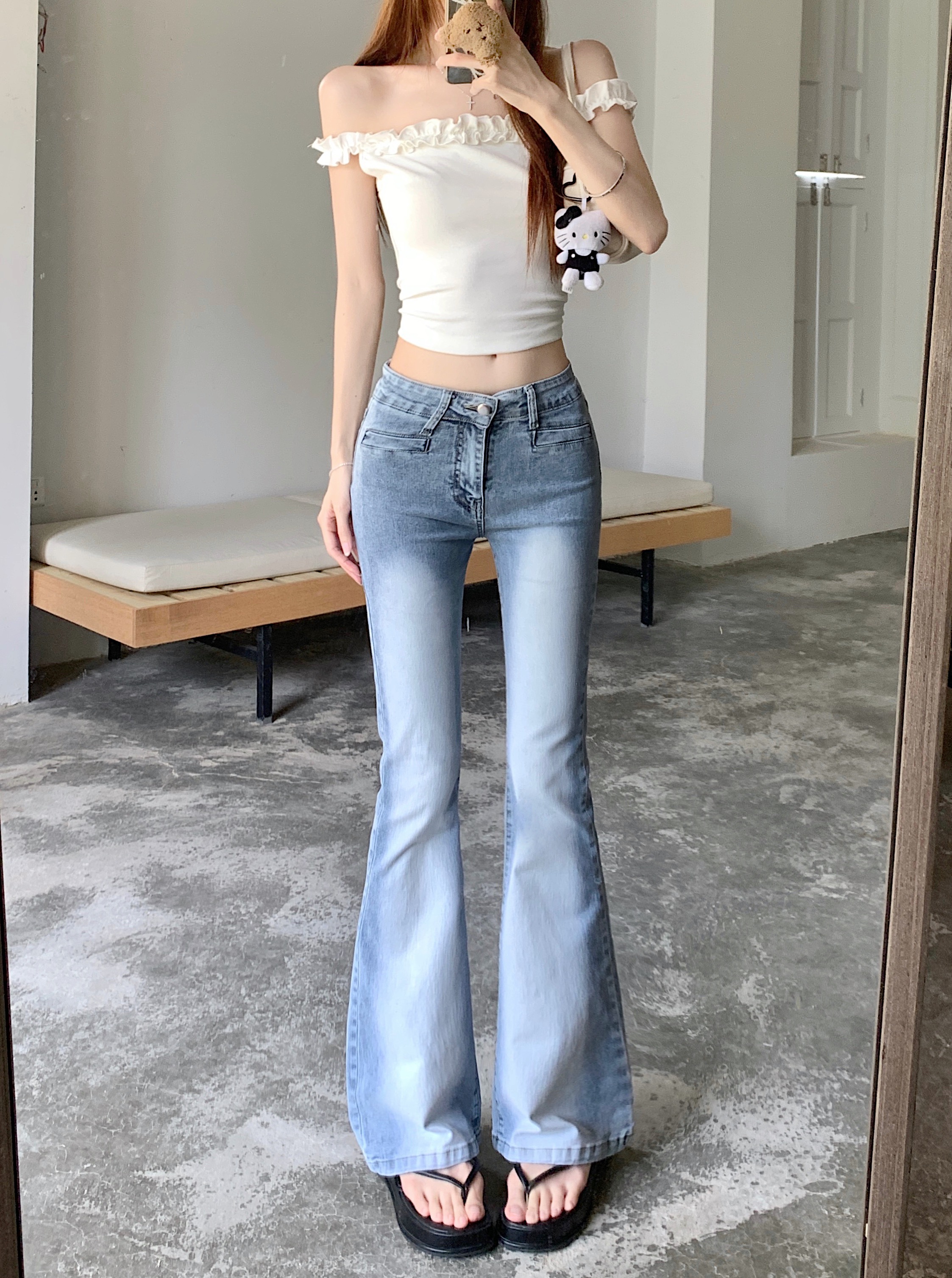 실사 아메리칸 레트로 작은 키 워싱 핫걸 로우 웨이스트 부츠컷 바지 여성 신축성 몸매 가꾸기 슬림해 보이는 나팔 긴 바지