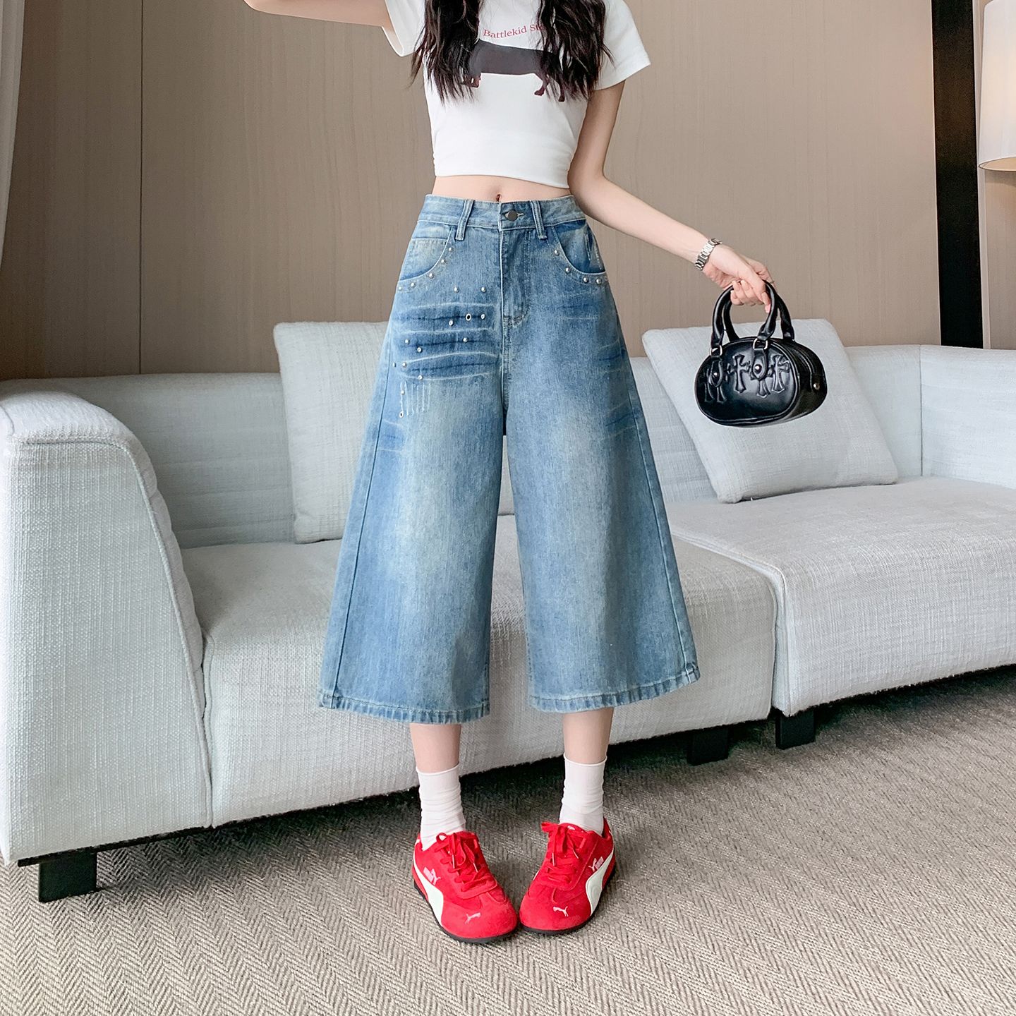 실사 정가 아메리칸 레트로 고급 센스 슈퍼 잘 생긴 데님 7부 바지 여성 여름 새로운 루즈핏 짧은 바지