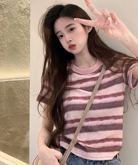 실사 220 그램 원본 원단 스트라이프 반팔 티셔츠 여름 2026 트렌디 긍정적 인 어깨 몸매 가꾸기 쇼트 스타일 라운드 넥 맨위 여성 의류