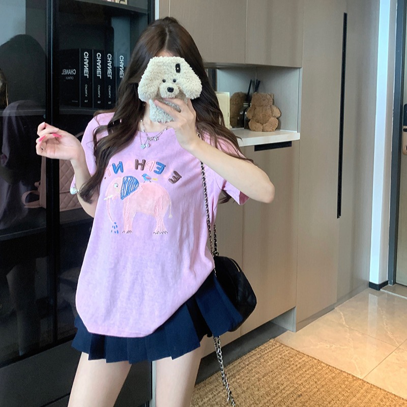 실사 빅 사이즈 여성 의류 200 kg 165 그램 눈꽃 면 반팔 티셔츠 여름 새로운 루즈핏 가시 자수 라운드 넥 맨위