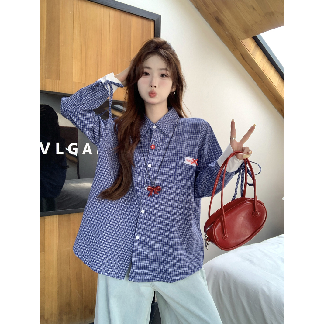 한 부서 레트로 학원 스타일 파란색 체크무늬 여성 셔츠 2025 봄 루즈핏 디자인 Chic 스트랩 긴팔 맨위