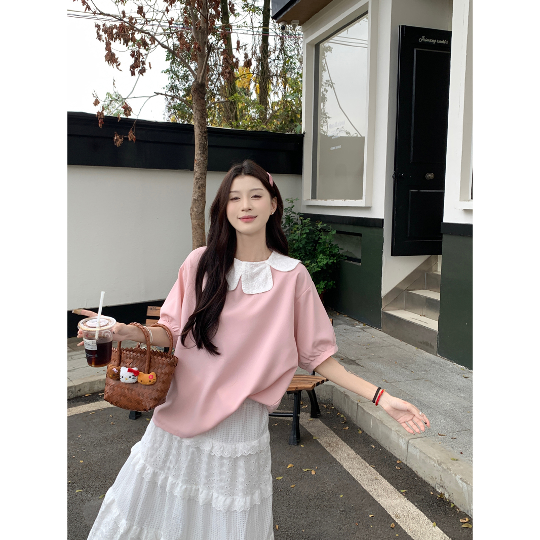 실사 정가 달콤함 레이스 꽃잎 칼라 핑크색 여성 셔츠 봄 여름 새로운 디자인 센스 작은 대중 루즈핏 반팔