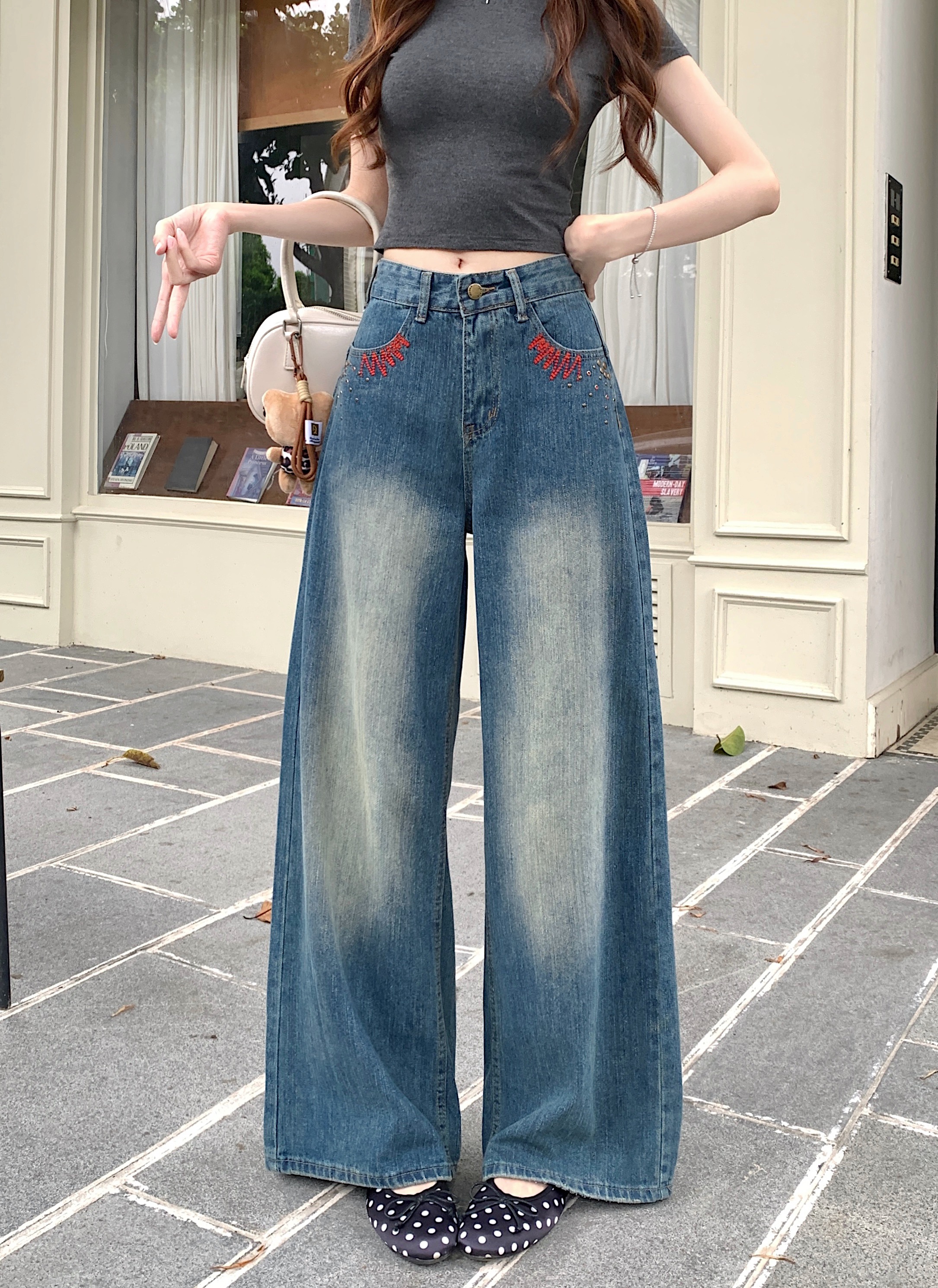 아메리칸 레트로 대나무 마디 곡물 자수 모통이 칼 청바지 여성 봄 가을 2026 새로운 루즈핏 스트레이트 넓은 다리 낫 바지