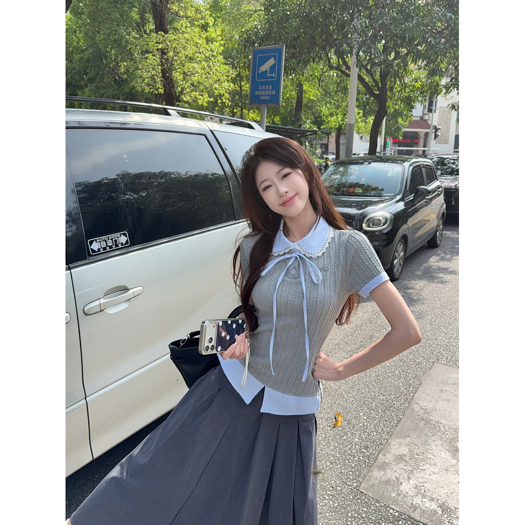 실사 정가 학원 스타일 회색 니트 스웨터 맨위 여성 2026 여름 새로운 허리 수축 페이크 레이어드 반팔 티셔츠