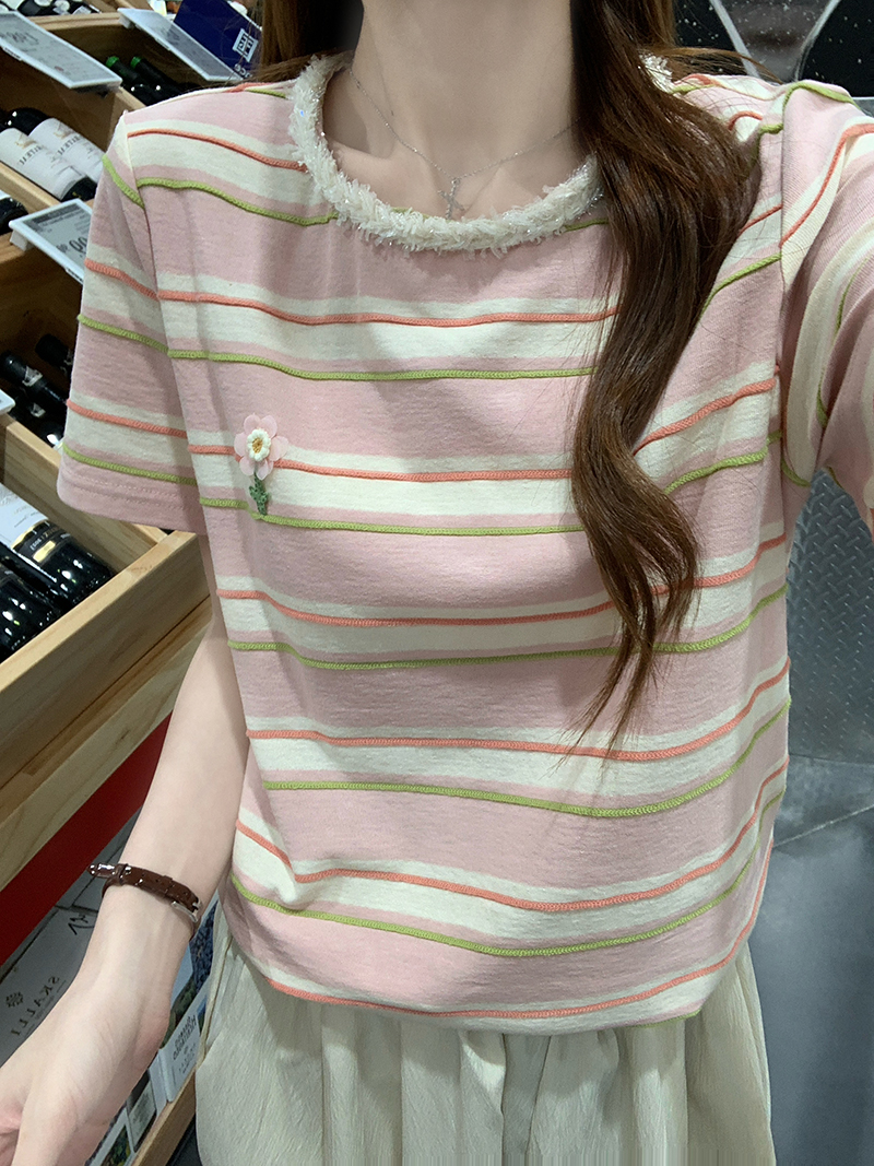실사 특별 가격 240 그램 자카드 스트라이프 반팔 티셔츠 여성 의류 여름 새로운 디자인 센스 자수 스트라이프 라운드 넥 맨위