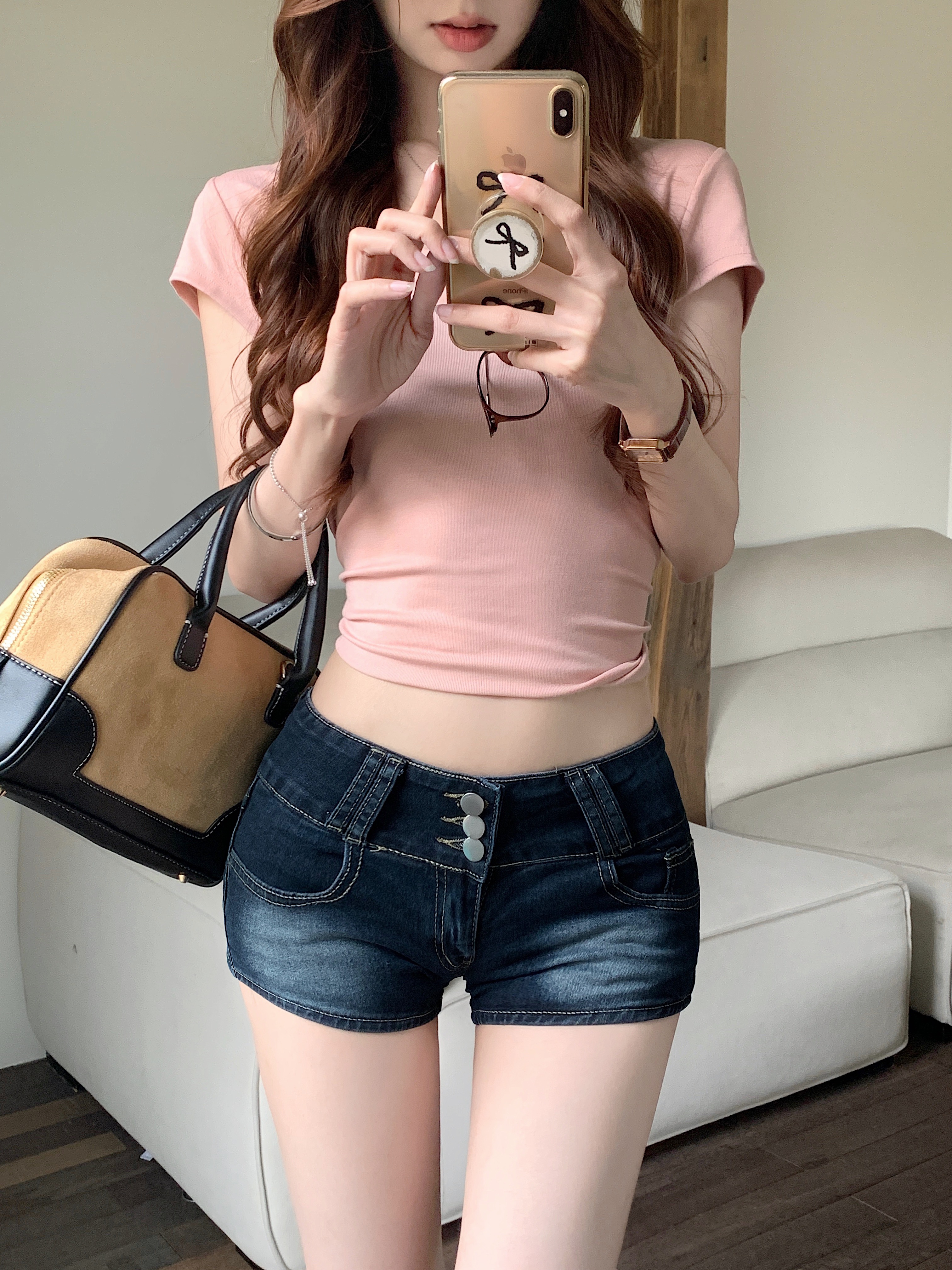 실사 아메리칸 핫걸 마 오래된 워싱 연삭 화이트 싱글 줄 버튼 데님 초단바지 여성 로우 웨이스트 신축성 타이트 스커트 핫 바지