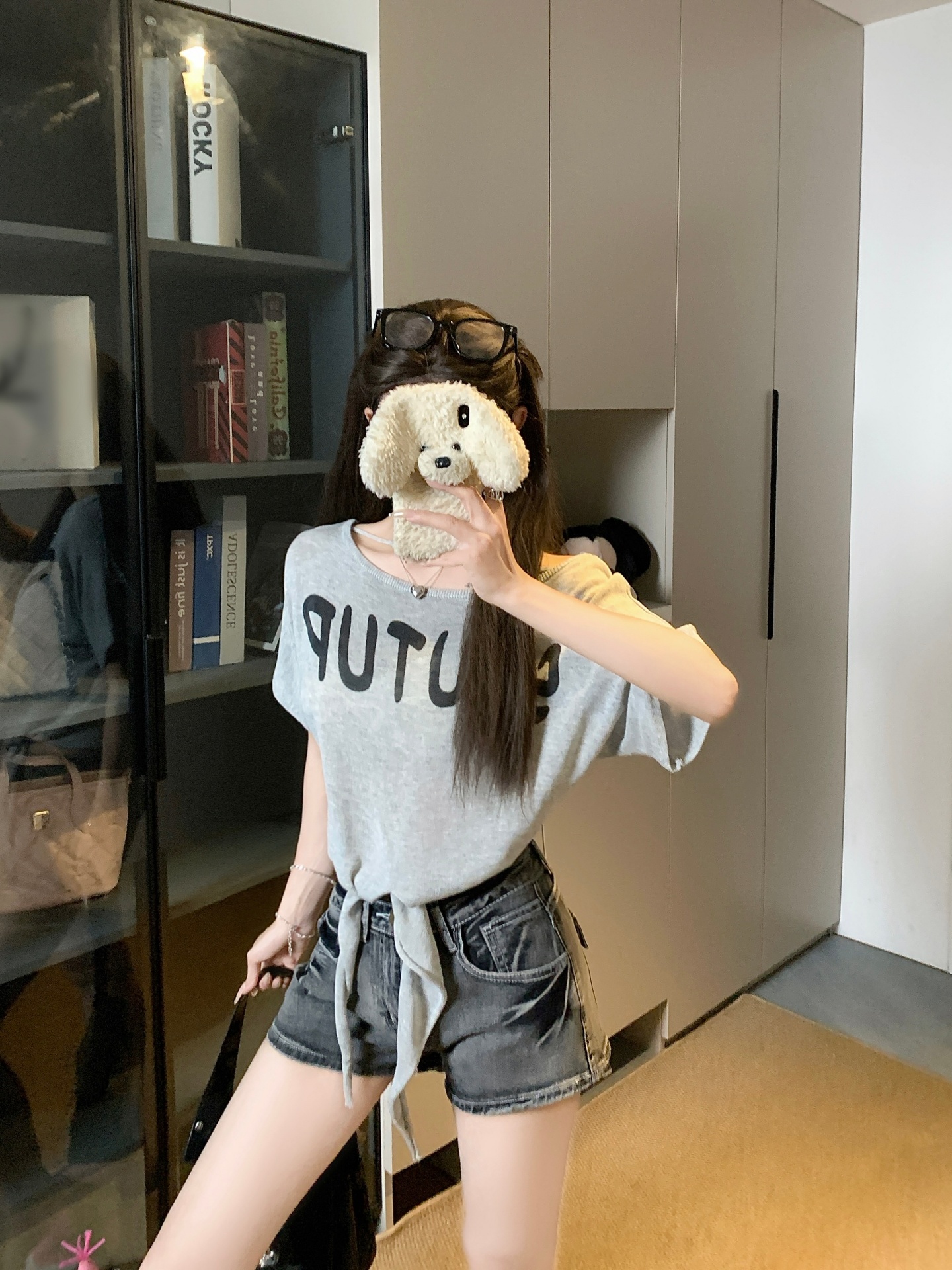 물건 가져 오기 ~까지 Daxi 하오 b03c 여름 한 부서 느긋한 느슨함 반팔 레이스업 허리 수축 얇은 스타일 니트 스웨터 티셔츠 맨위