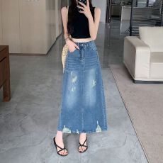 批发实拍实价~夏季百搭立体裁剪复古休闲做旧包臀<b class='q'>牛仔</b>裙破洞半身裙子