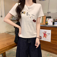 实拍实价 短袖t恤女夏2026新款刺绣花潮短款修身圆领上衣