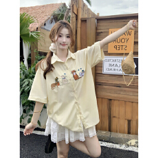 批发实拍实价 美式复古刺绣衬<b class='q'>衫</b>女夏季新款百搭<b class='q'>情侣</b><b class='q'>休闲</b>五分袖上衣