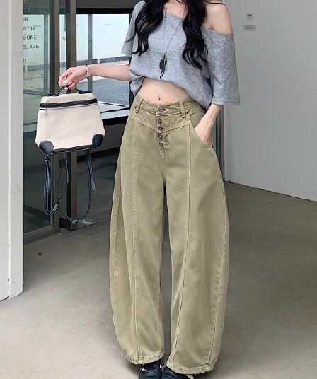 실사 아메리칸 레트로 카키 색 모통이 칼 워크웨어 청바지 여성 여름 하이웨이스트 루즈핏 넓은 다리 낫 바지
