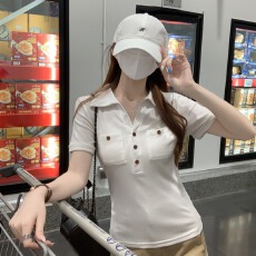 批发实拍实价 纯棉短袖t恤女夏新款韩系设计感口袋装饰POLO领上衣