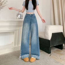 批发实拍实价~蝴蝶结绑带翻边牛仔<b class='q'>裤</b>女新款设计感<b class='q'>宽松</b>直筒<b class='q'>裤</b>阔腿<b class='q'>裤</b>子