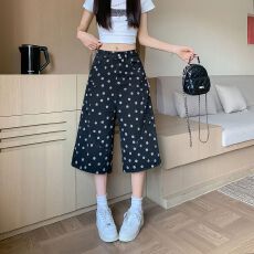 批发实拍实价~美式复古波点满印牛仔<b class='q'>七分裤</b><b class='q'>女</b>夏季设计感短裤宽松中裤