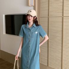 批发实拍实价~夏季短袖休闲宽松<b class='q'>牛仔</b>连衣裙女新款港风复古衬衫裙子