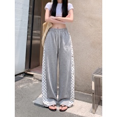 批发实拍实价 <b class='q'>夏</b>季美式复古拼接波点印花休闲裤宽松直筒垂感阔腿卫裤