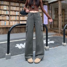 批发实拍实价~小海鸥工装牛仔裤女<b class='q'>春</b>夏美式可调节裤腰拉链休闲长裤子