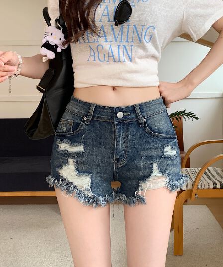 실사 레트로 워싱 찢어진 부분 데님 반바지 여성 핫걸 하이웨이스트 신축성 슬림해 보이는 디스플레이 다리 길이 넓은 다리 핫 바지