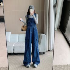 批发实拍实价~波点工装牛仔背带裤<b class='q'>女</b>复古设计感小众宽松阔腿连体<b class='q'>裤</b>