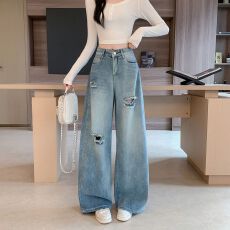 批发实拍实价~美式复古破洞<b class='q'>牛仔裤</b><b class='q'>女</b>2026秋季直筒宽松显瘦阔腿裤<b class='q'>长</b>裤