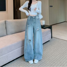 批发实拍实价~美式复古破洞牛仔裤女2026秋季直筒宽松显瘦阔腿裤长裤