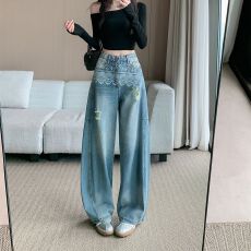 批发实拍实价~蕾丝假两件印花牛仔阔腿裤女高腰显瘦直筒裤设计感<b class='q'>裤子</b>