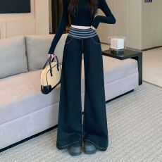 批发实拍实价~街头条纹直筒拼接牛仔<b class='q'>长裤</b><b class='q'>女</b>修身显瘦百搭阔腿微喇裤子
