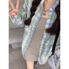 批发韩系休闲慵懒风薄款长袖格子衬衫女2026宽松轻薄衬衣<b class='q'>防晒</b>外套