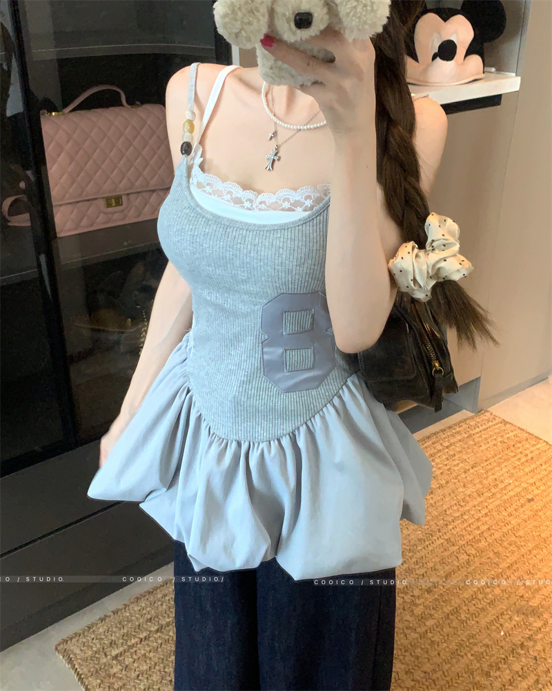 FA33485# 收腰拼接花苞吊带连衣裙女拼接蕾丝气质收腰上衣 服裝批發女裝批發服飾貨源